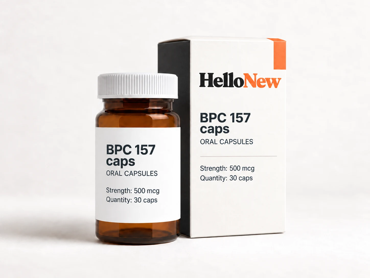 BPC 157 caps: HelloNew carton and unbranded oral capsules packaging illustration