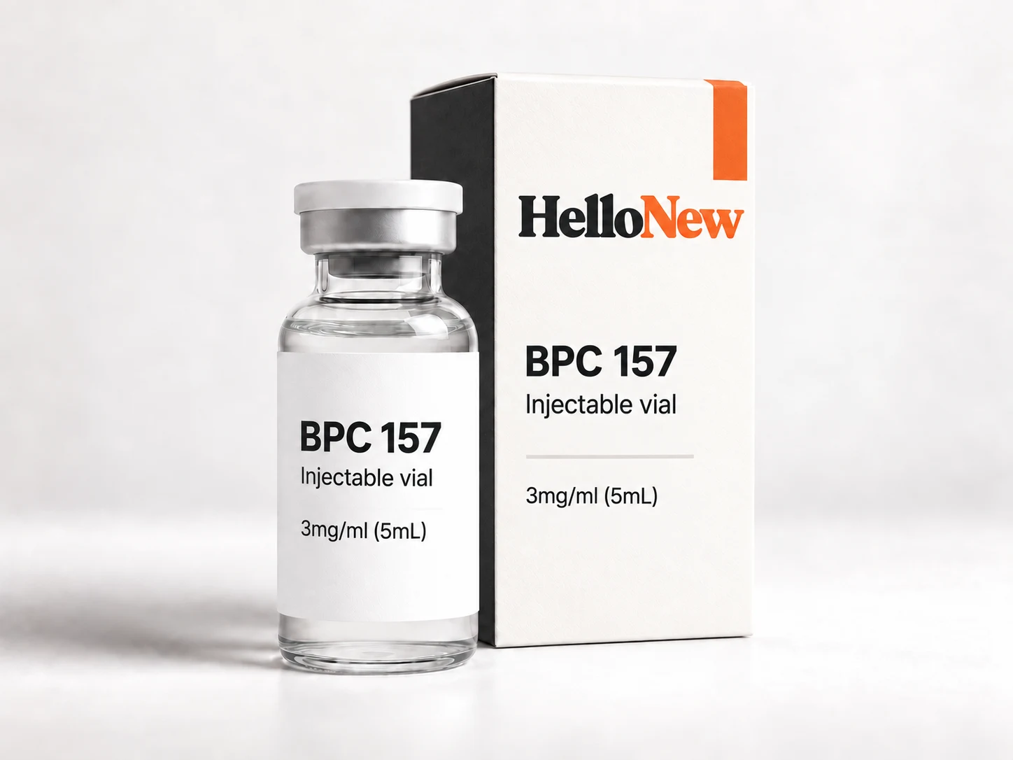 BPC 157: HelloNew carton and unbranded injectable vial packaging illustration