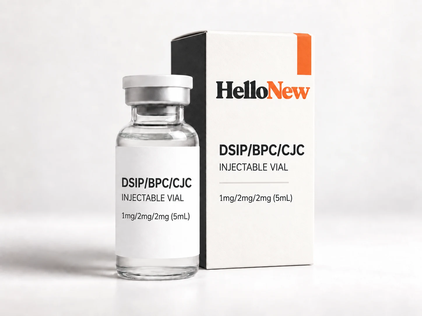 DSIP/BPC/CJC: HelloNew carton and unbranded injectable vial packaging illustration