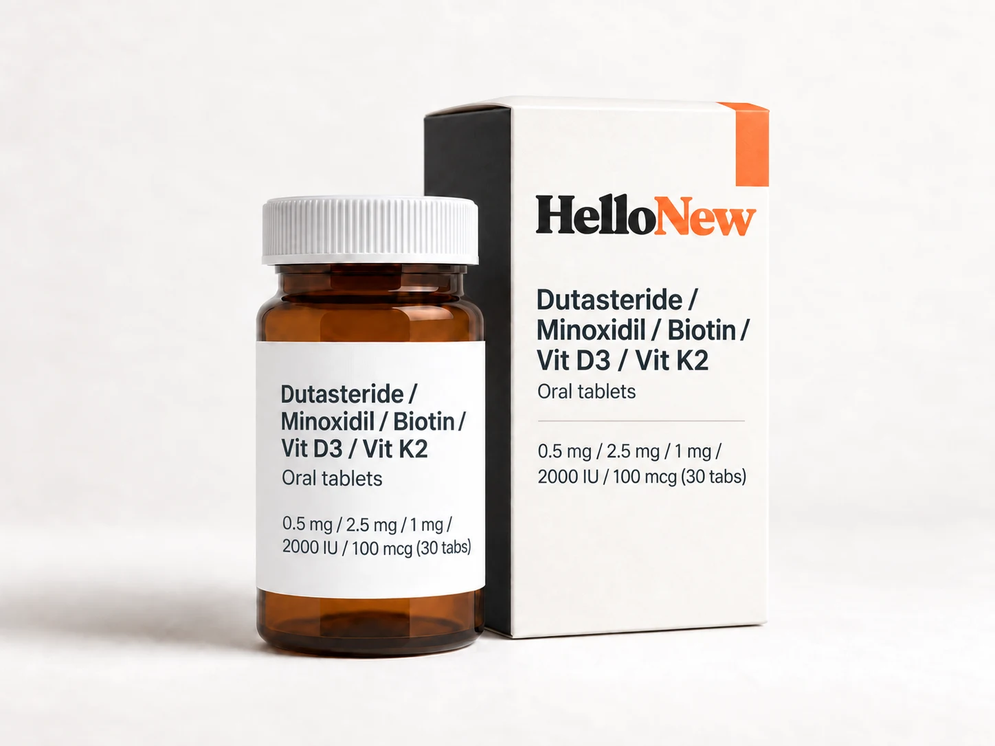 Dutasteride 0.5mg / Minoxidil 2.5mg / Biotin 1mg / Vit D3 2000IU / Vit K2 100mcg: HelloNew carton and unbranded oral tablets packaging illustration
