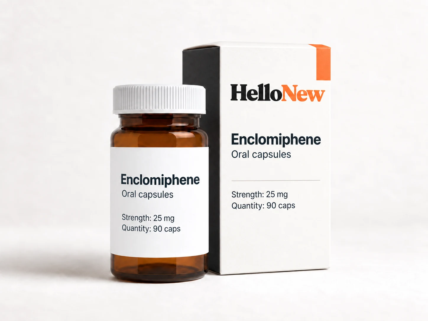 Enclomiphene: HelloNew carton and unbranded oral capsules packaging illustration