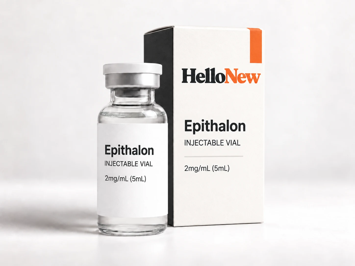 Epithalon: HelloNew carton and unbranded injectable vial packaging illustration