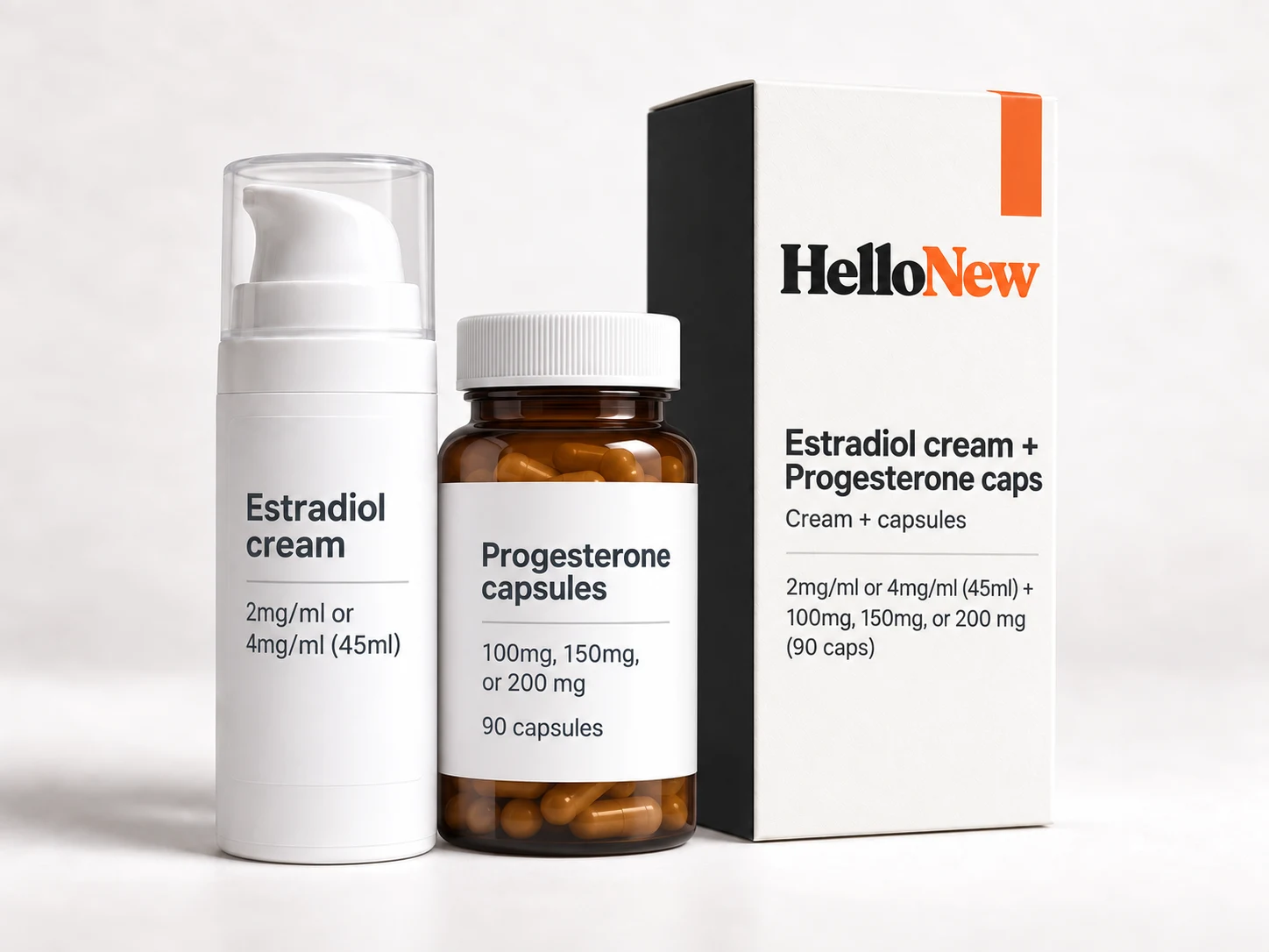 Estradiol cream + Progesterone caps: HelloNew carton and unbranded cream + capsules packaging illustration