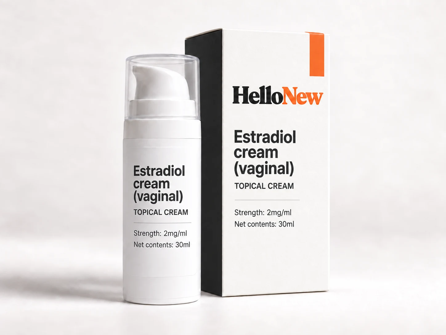 Estradiol cream (vaginal): HelloNew carton and unbranded topical cream packaging illustration
