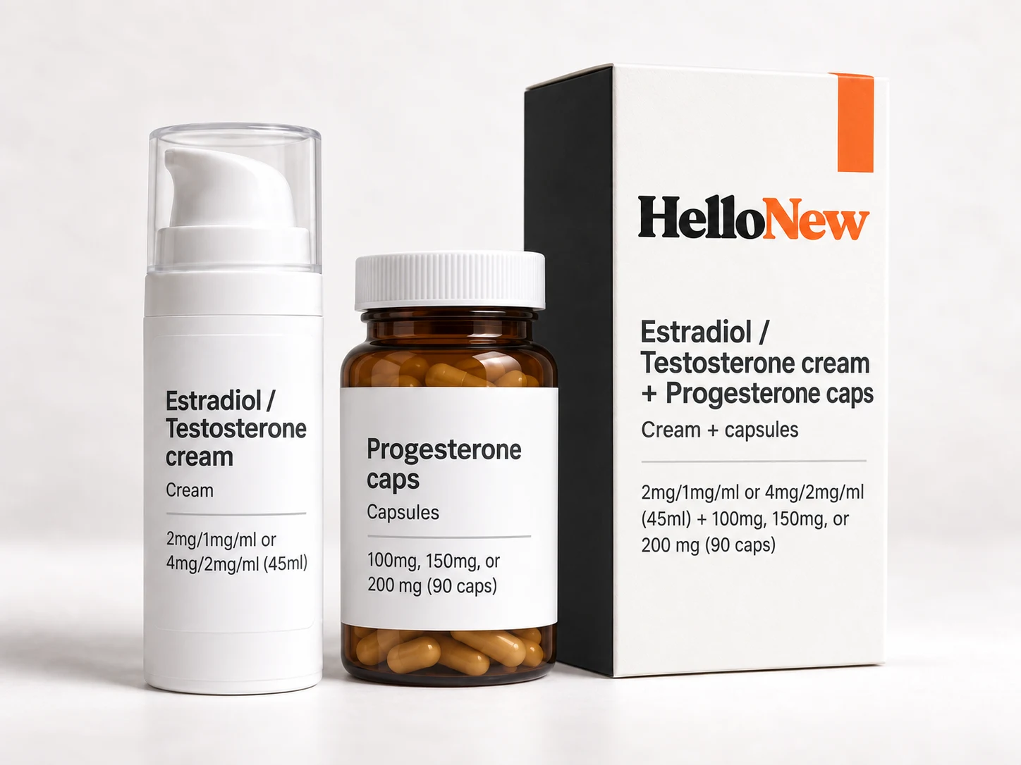 Estradiol / Tesosterone cream + Progesterone caps (if testosterone is included as part of the treatment plan, it is only available in 30 states): HelloNew carton and unbranded cream + capsules packaging illustration