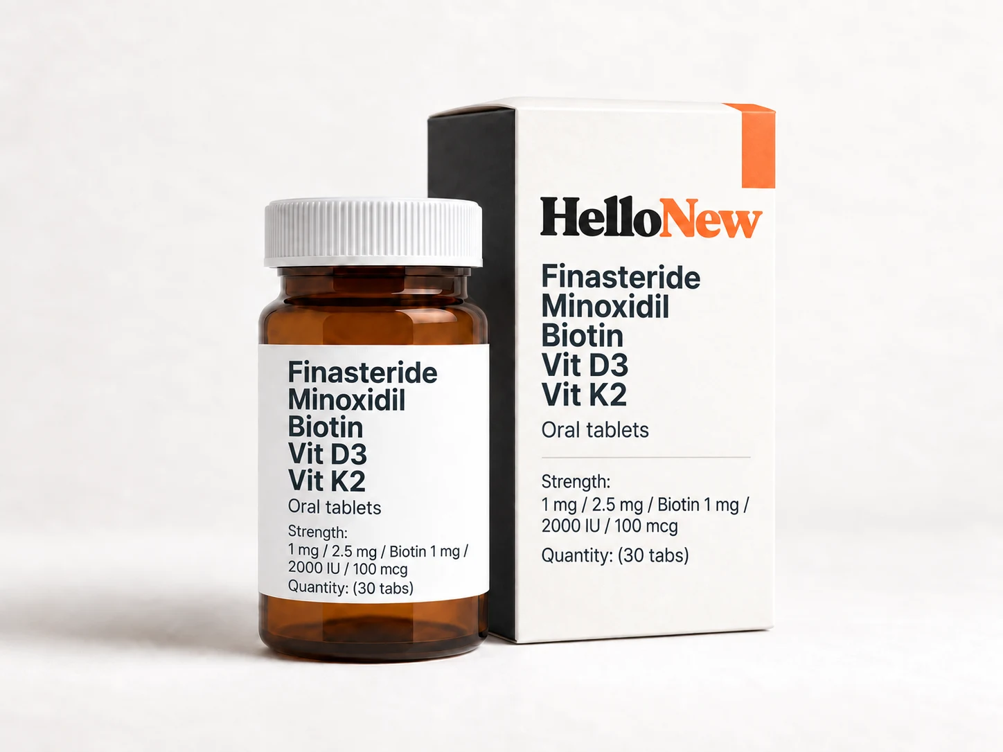 Finasteride 1mg / Minoxidil 2.5mg / Biotin 1mg / Vit D3 2000IU / Vit K2 100mcg: HelloNew carton and unbranded oral tablets packaging illustration