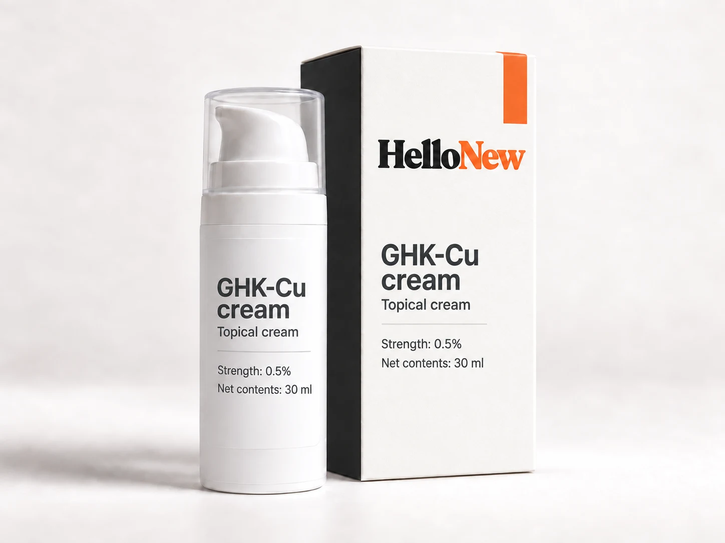 GHK-Cu cream: HelloNew carton and unbranded topical cream packaging illustration