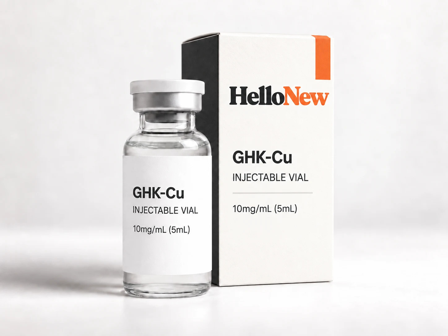 GHK-Cu: HelloNew carton and unbranded injectable vial packaging illustration
