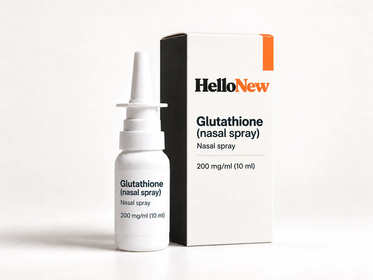 Glutathione (nasal spray): HelloNew carton and unbranded nasal spray packaging illustration