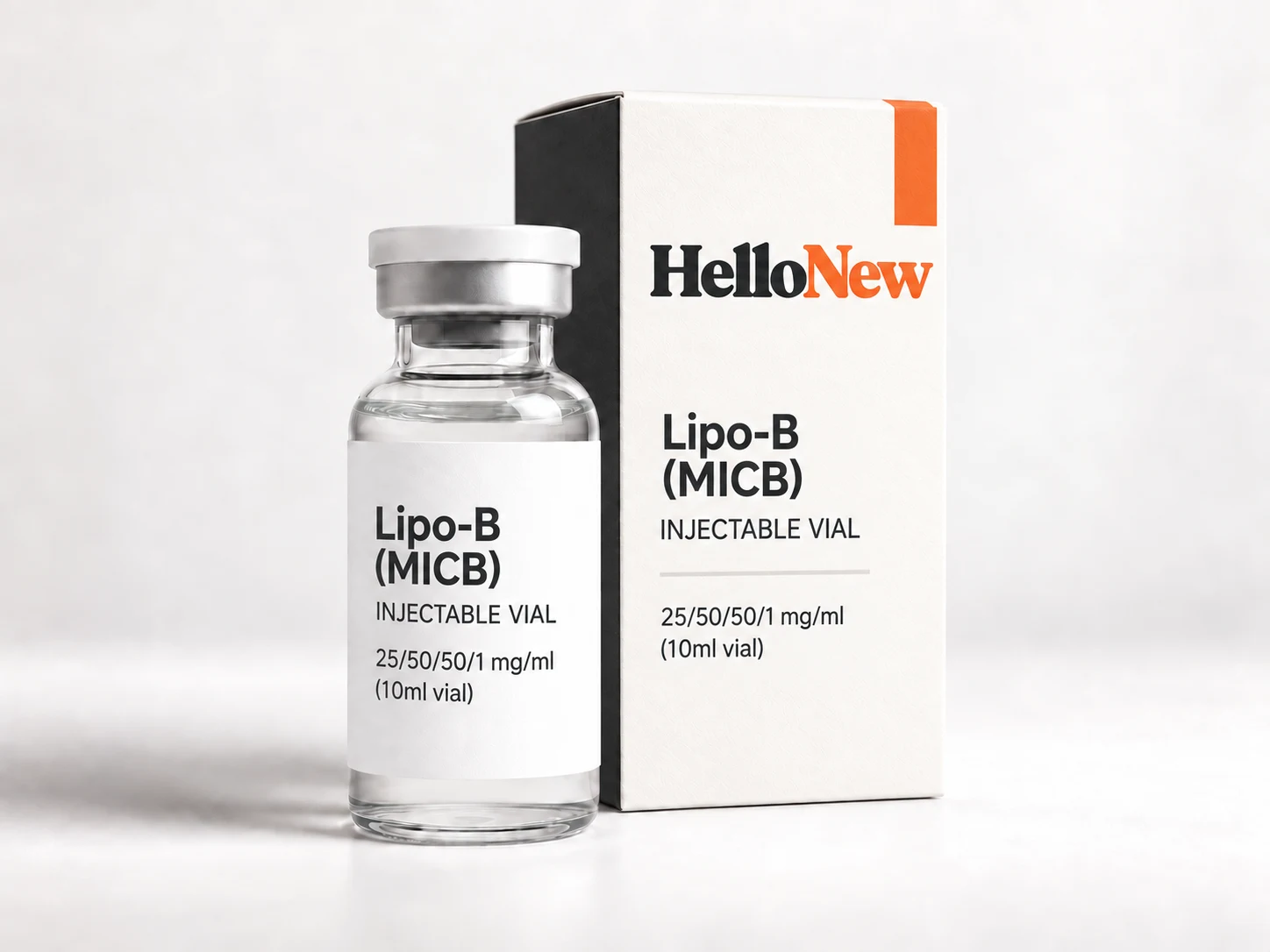 Lipo-B (MICB): HelloNew carton and unbranded injectable vial packaging illustration