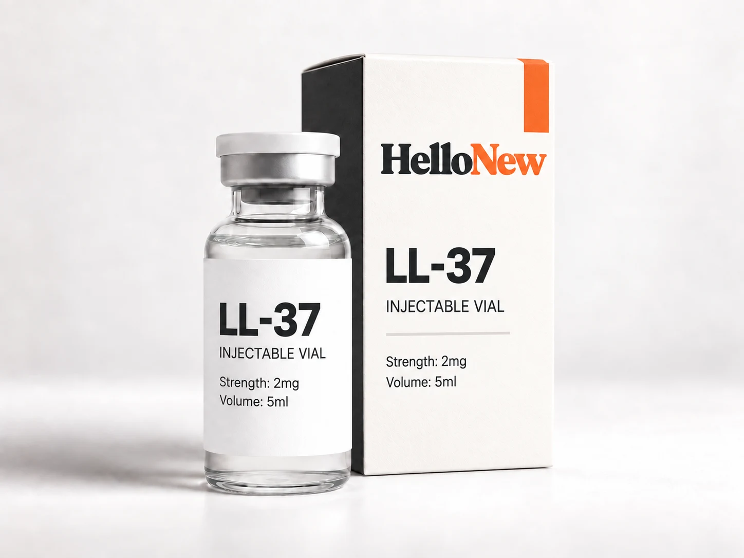 LL-37: HelloNew carton and unbranded injectable vial packaging illustration