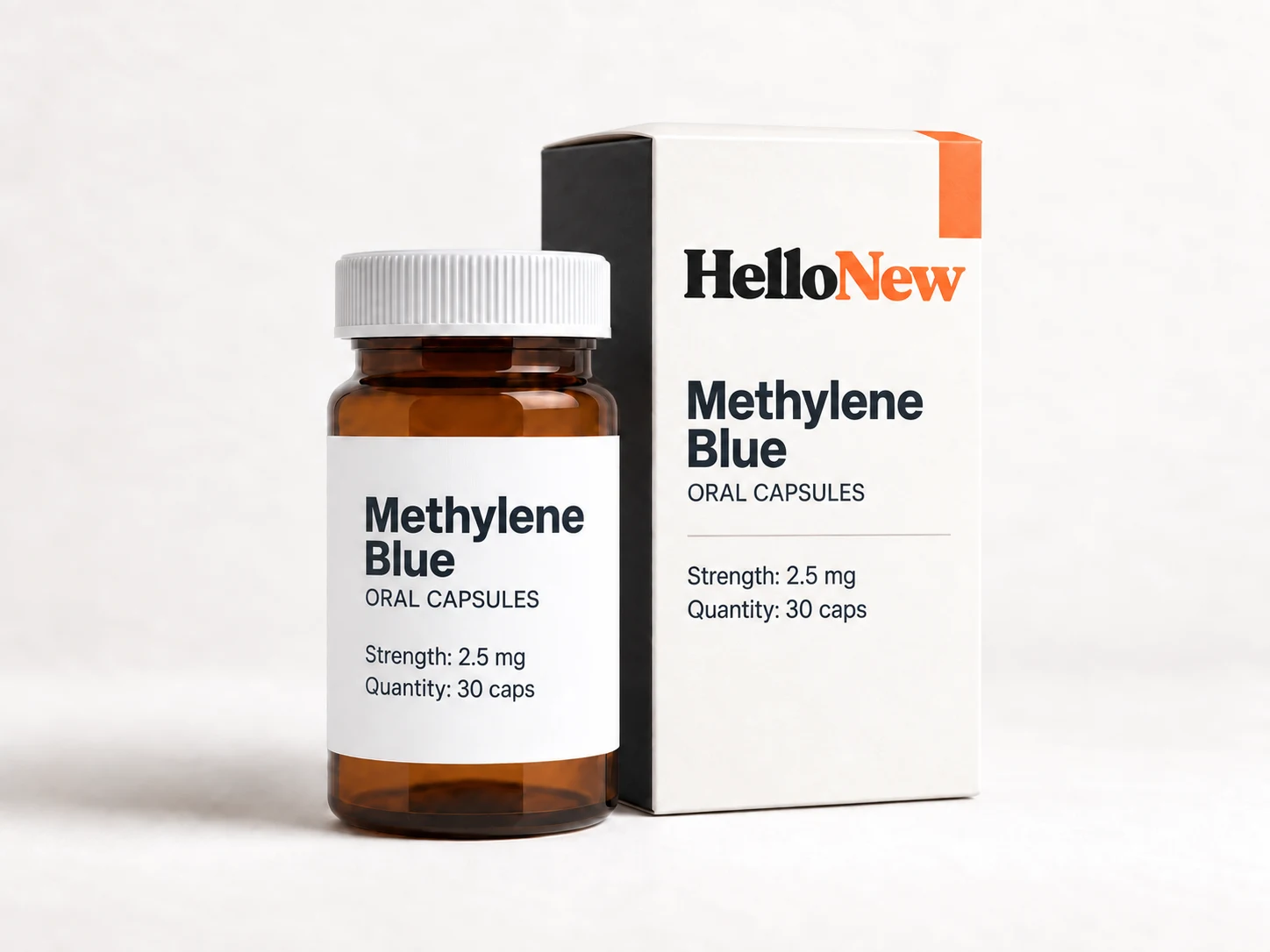 Methylene Blue: HelloNew carton and unbranded oral capsules packaging illustration