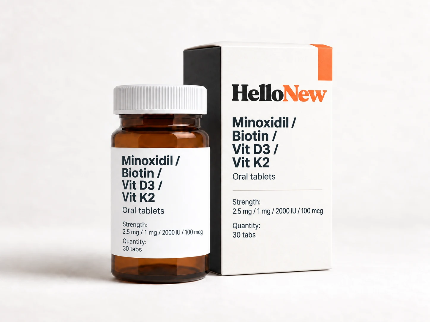Minoxidil 2.5mg / Biotin 1mg / Vit D3 2000IU / Vit K2 100 mcg: HelloNew carton and unbranded oral tablets packaging illustration