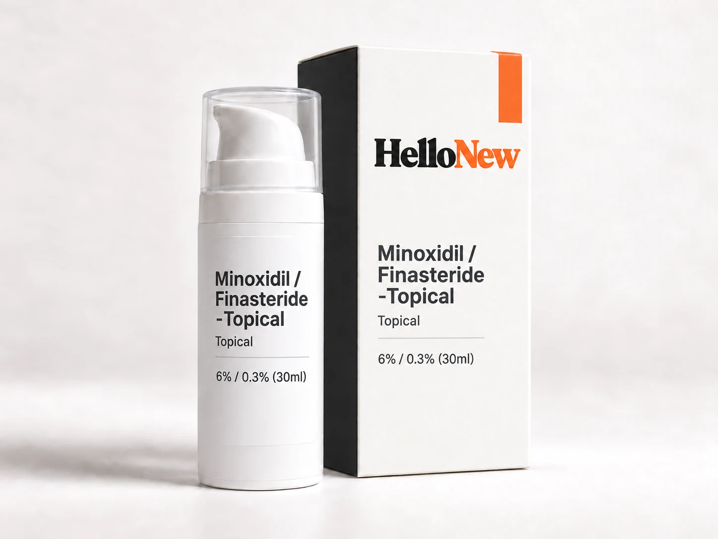Minoxidil / Finasteride -Topical: HelloNew carton and unbranded topical packaging illustration