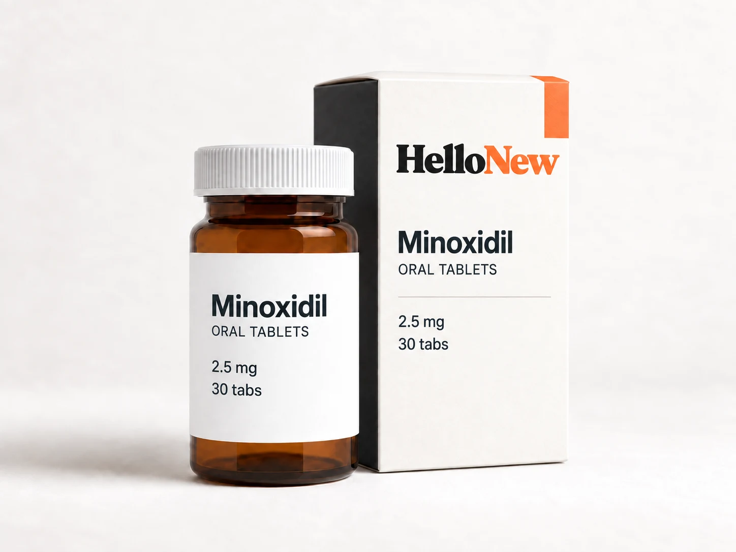 Minoxidil: HelloNew carton and unbranded oral tablets packaging illustration