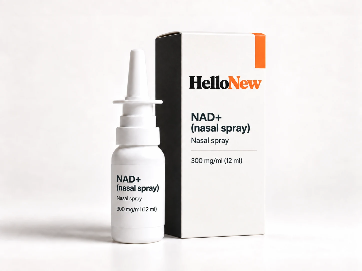 NAD+ (nasal spray): HelloNew carton and unbranded nasal spray packaging illustration