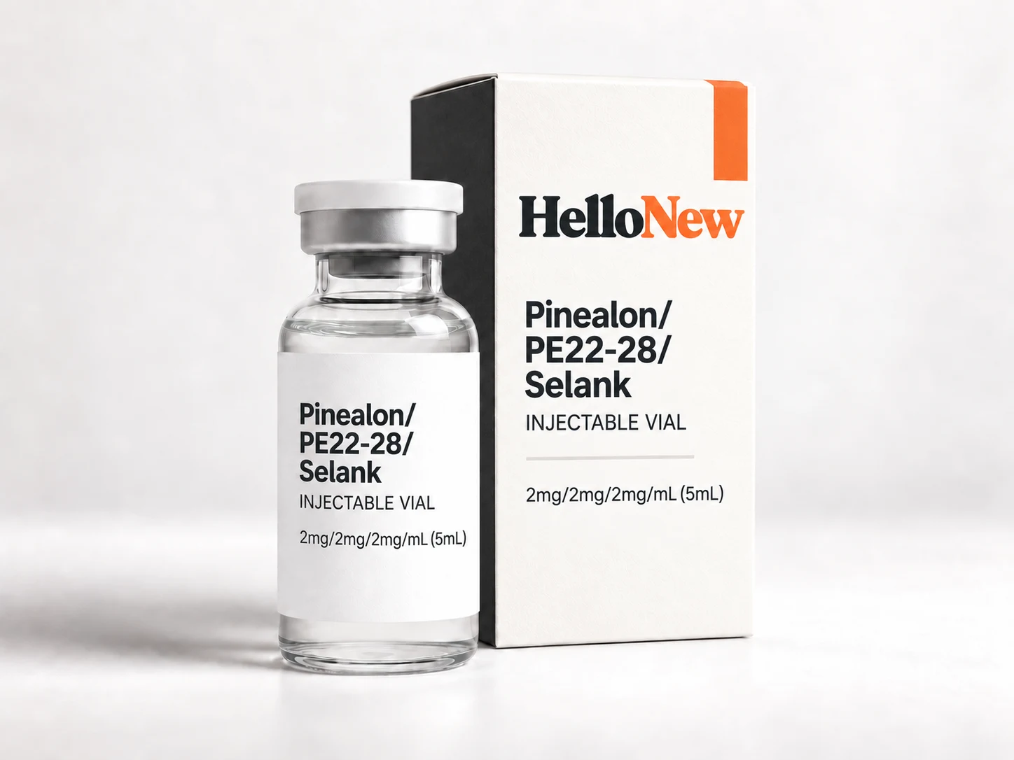 Pinealon/PE22-28/Selank: HelloNew carton and unbranded injectable vial packaging illustration