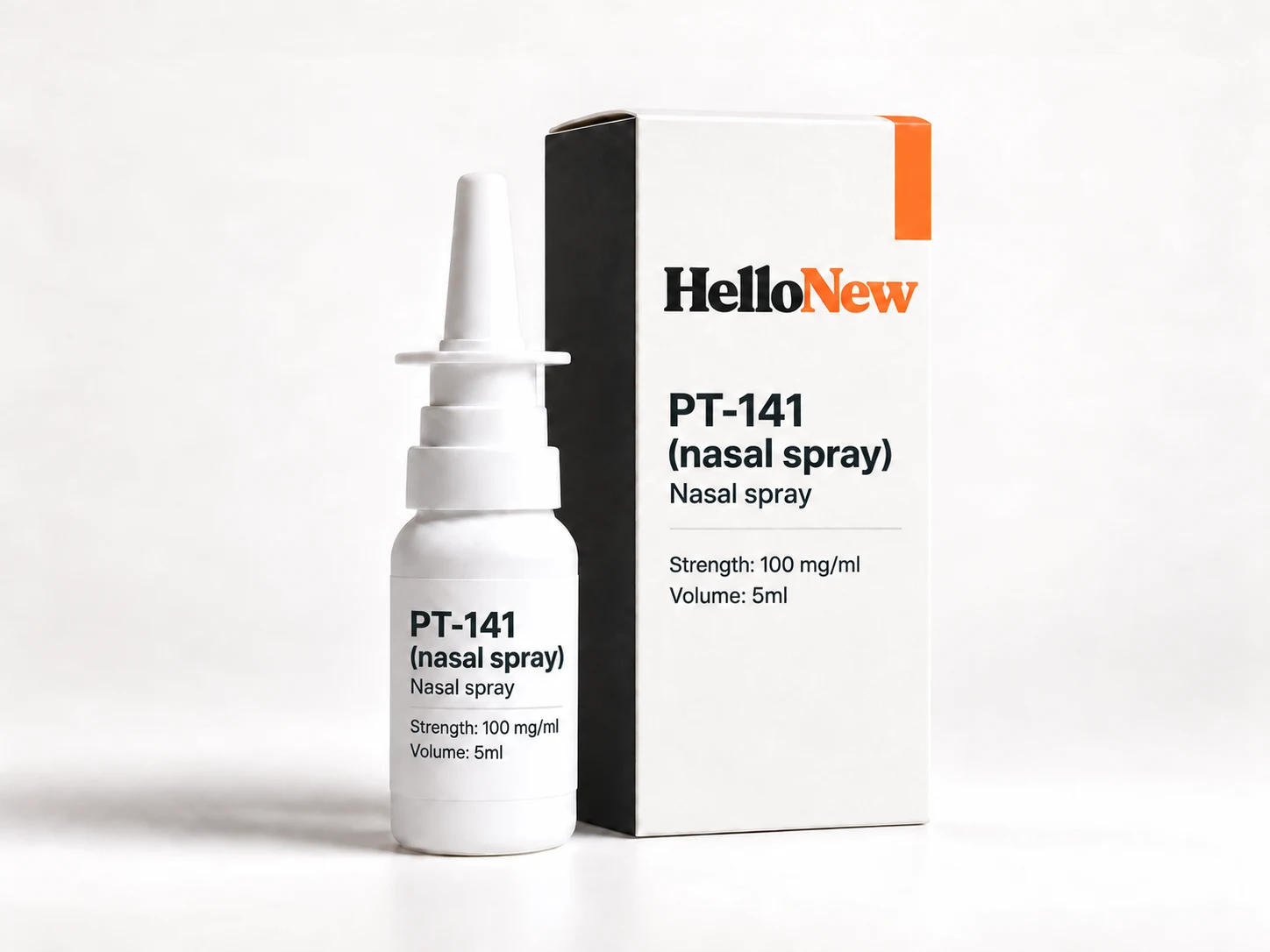 PT-141 (nasal spray): HelloNew carton and unbranded nasal spray packaging illustration