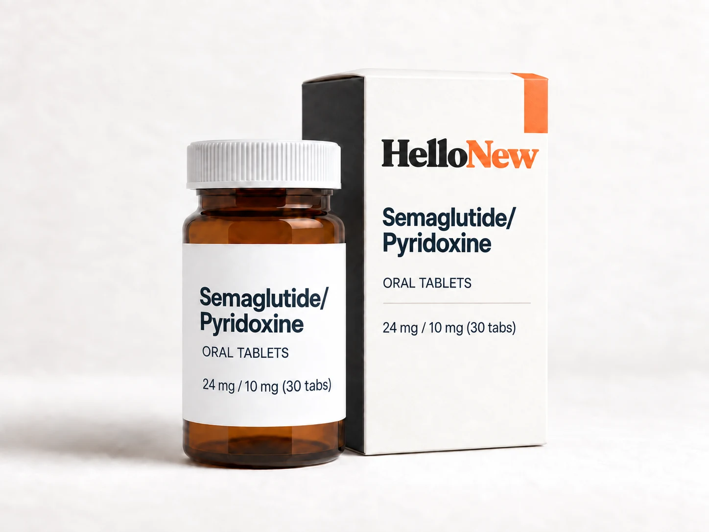 Semaglutide 24mg/Pyridoxine 10mg: HelloNew carton and unbranded oral tablets packaging illustration