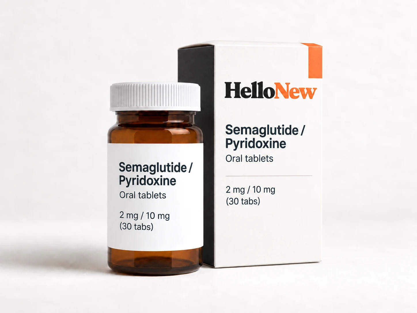 Semaglutide 2mg/Pyridoxine 10mg: HelloNew carton and unbranded oral tablets packaging illustration