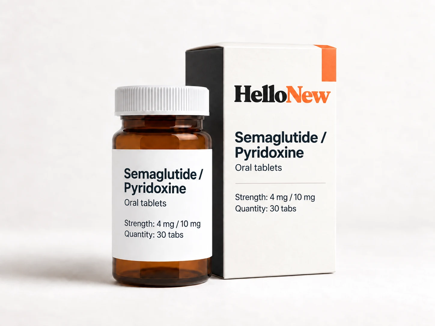 Semaglutide 4mg/Pyridoxine 10mg: HelloNew carton and unbranded oral tablets packaging illustration