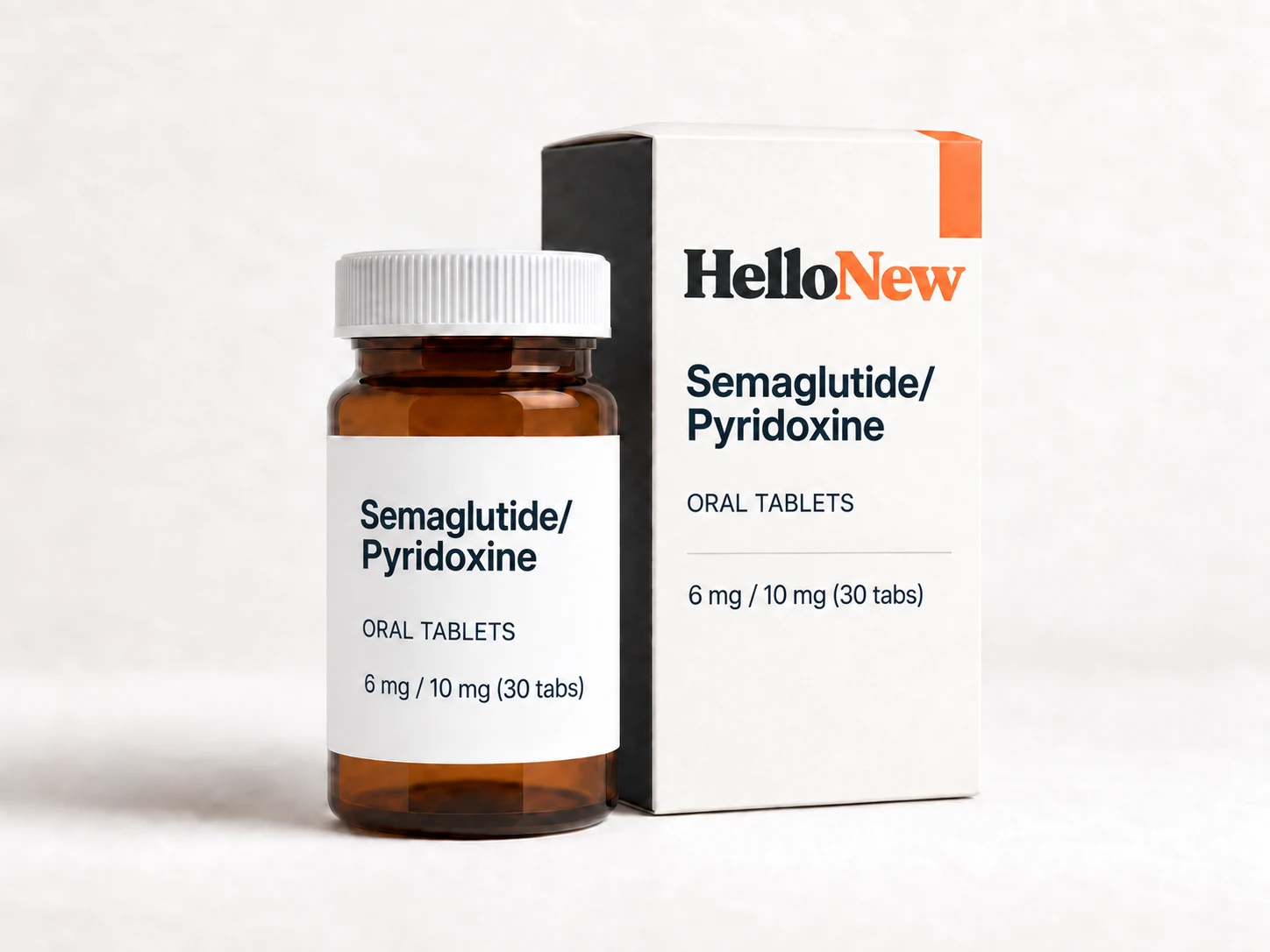 Semaglutide 6mg/Pyridoxine 10mg: HelloNew carton and unbranded oral tablets packaging illustration
