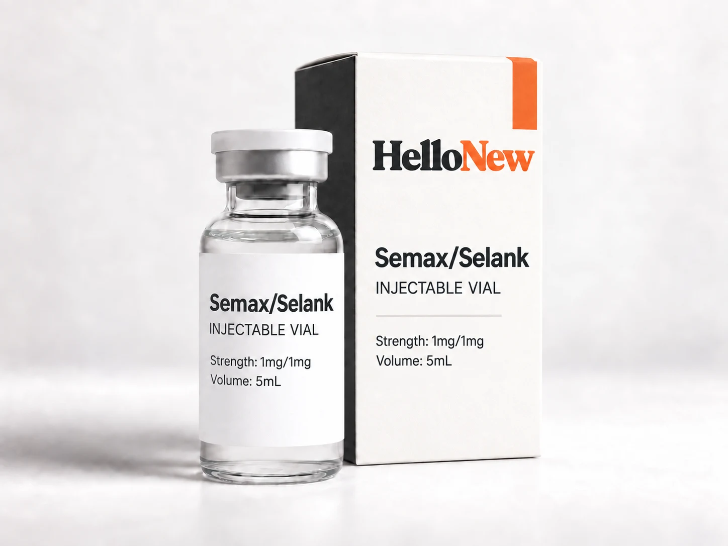 Semax/Selank: HelloNew carton and unbranded injectable vial packaging illustration