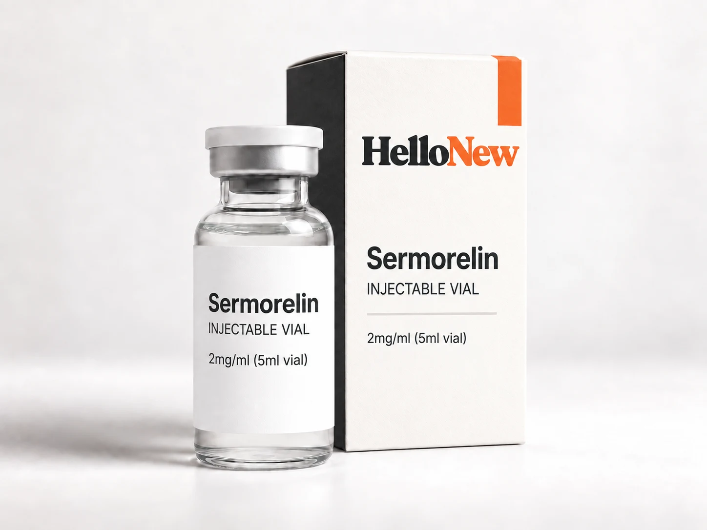 Sermorelin: HelloNew carton and unbranded injectable vial packaging illustration