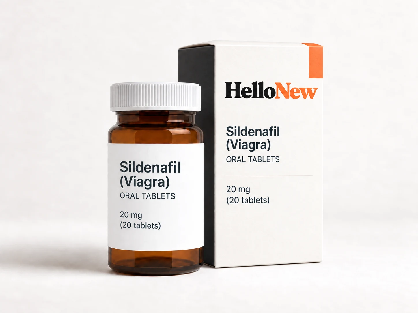Sildenafil (Viagra): HelloNew carton and unbranded oral tablets packaging illustration