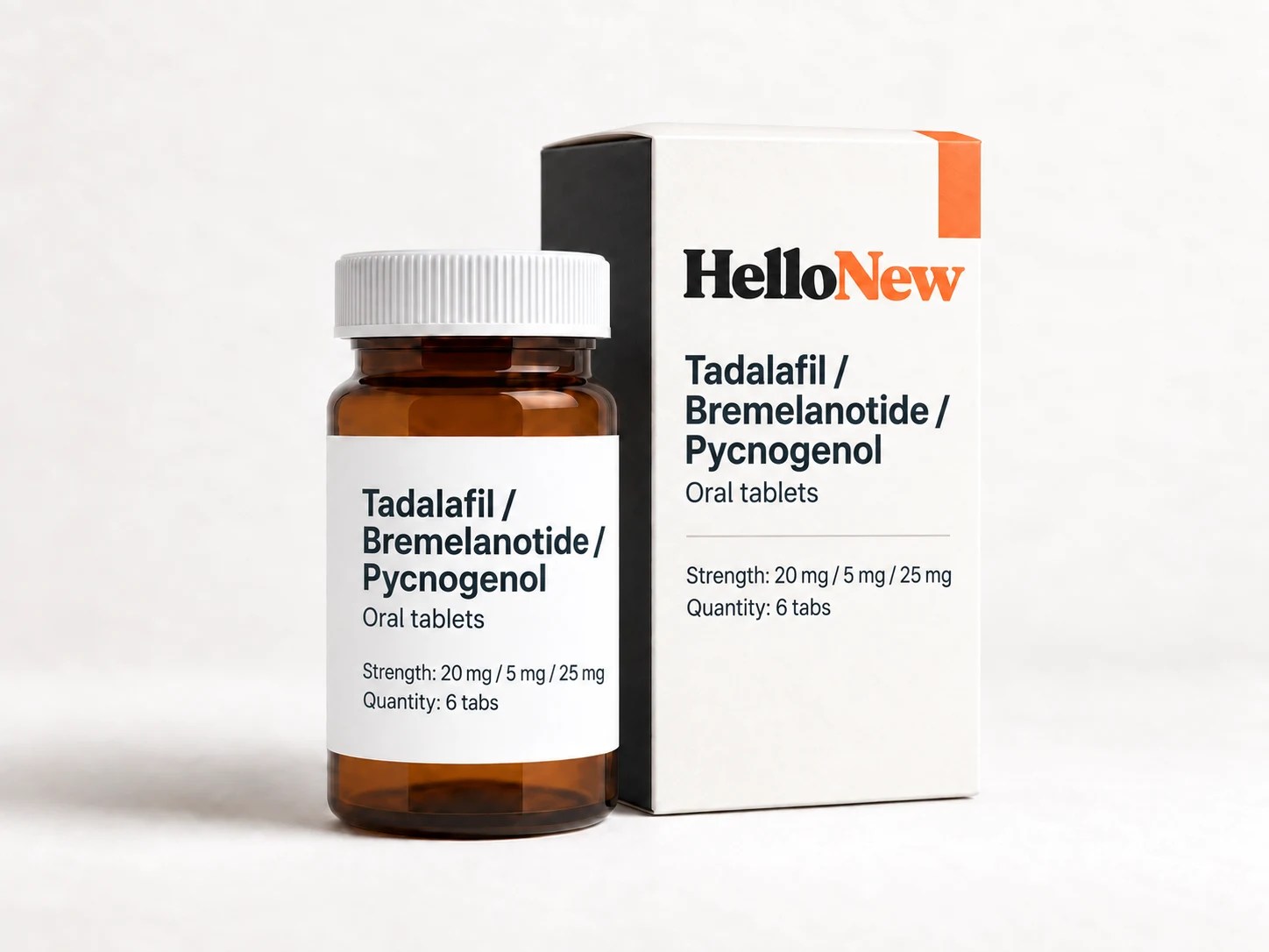 Tadalafil 20mg/Bremelanotide 5mg/Pycnogenol 25mg: HelloNew carton and unbranded oral tablets packaging illustration