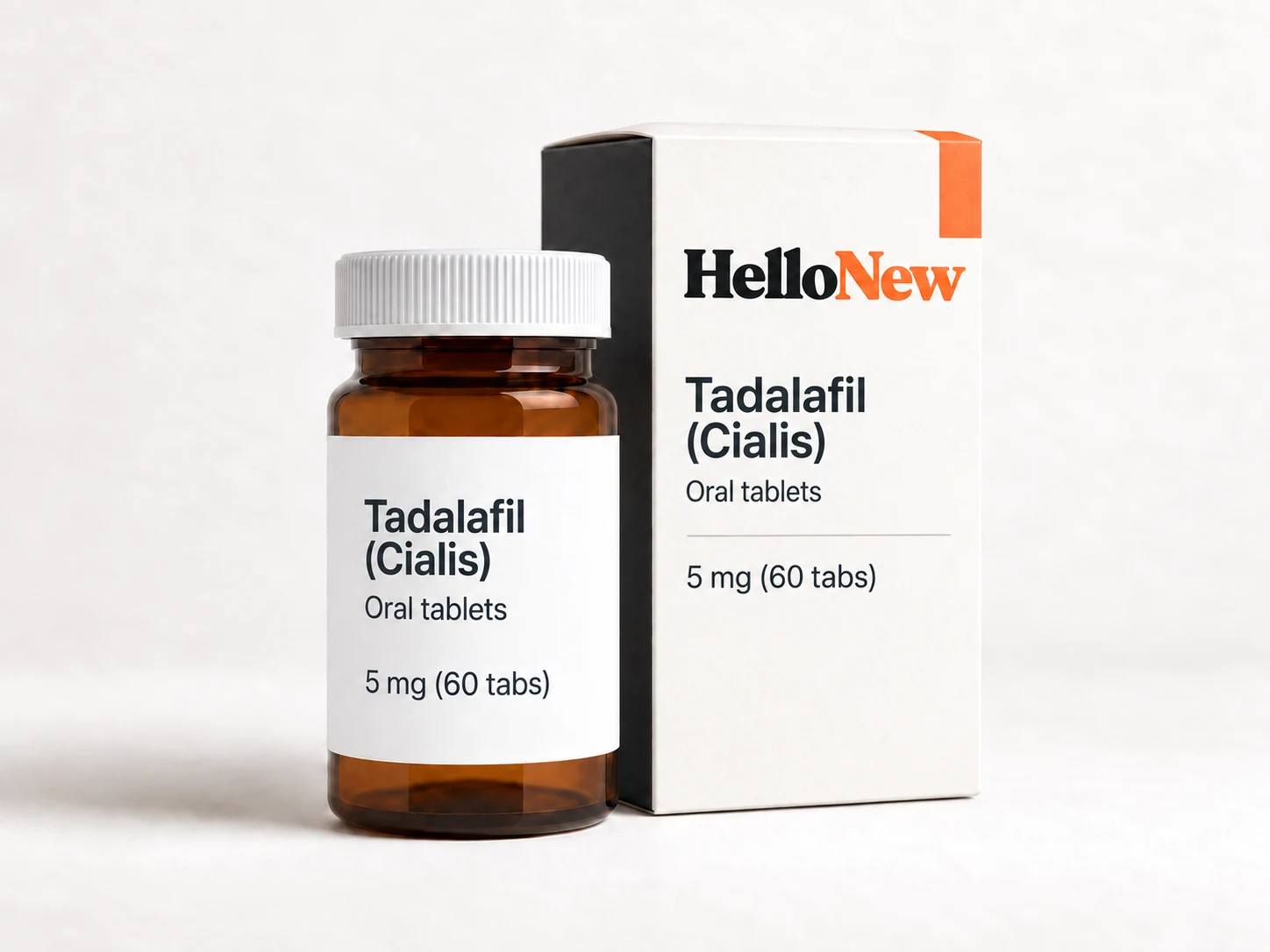 Tadalafil (Cialis): HelloNew carton and unbranded oral tablets packaging illustration