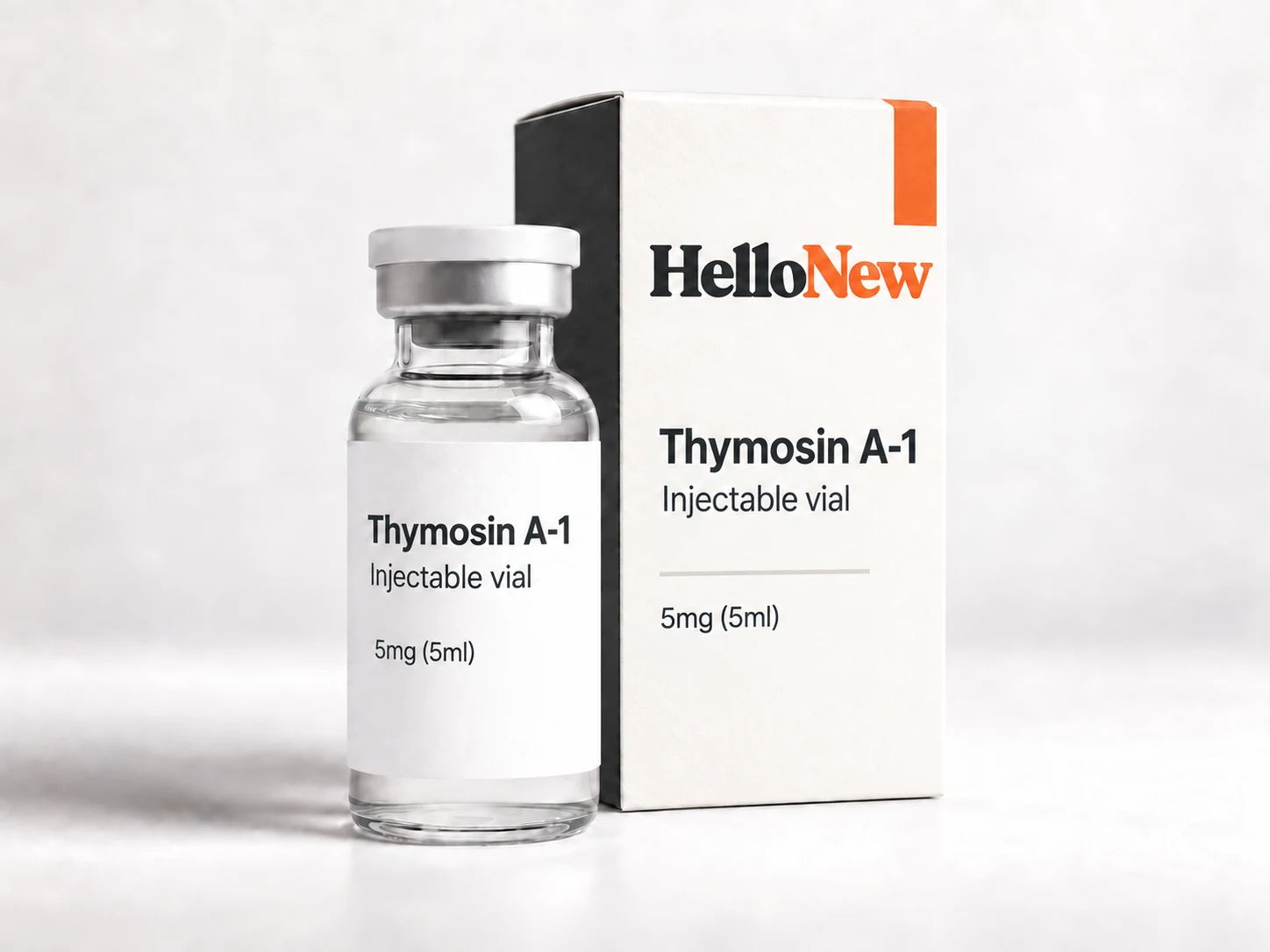 Thymosin A-1: HelloNew carton and unbranded injectable vial packaging illustration