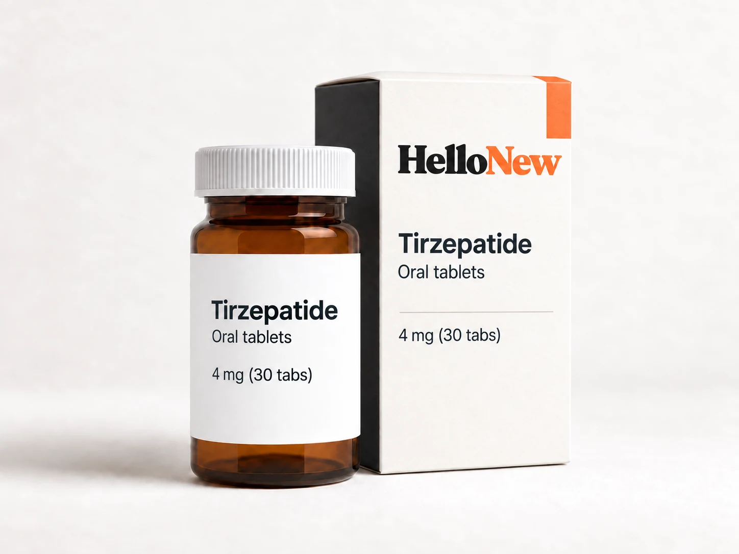Tirzepatide 4mg: HelloNew carton and unbranded oral tablets packaging illustration