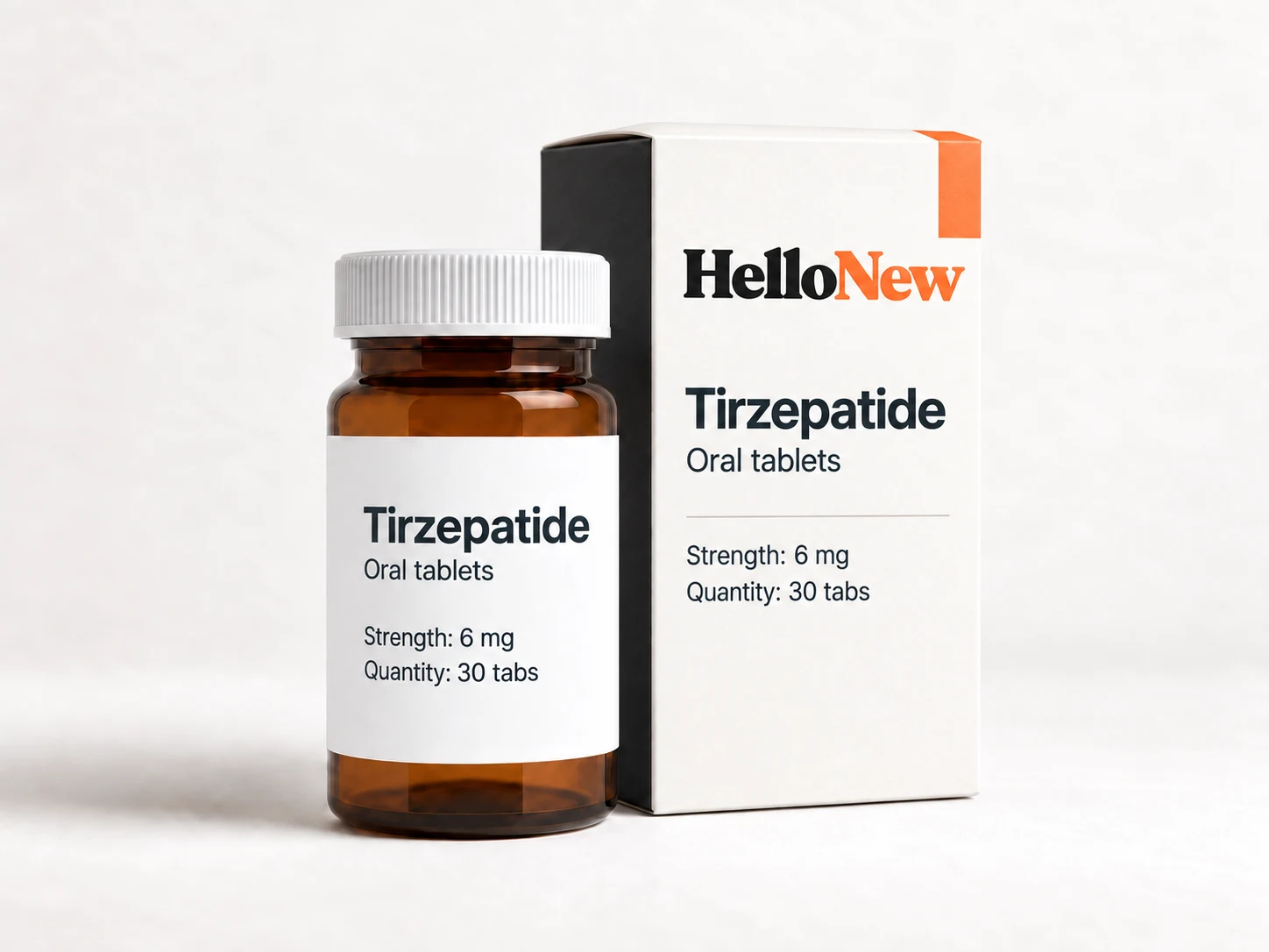 Tirzepatide 6mg: HelloNew carton and unbranded oral tablets packaging illustration