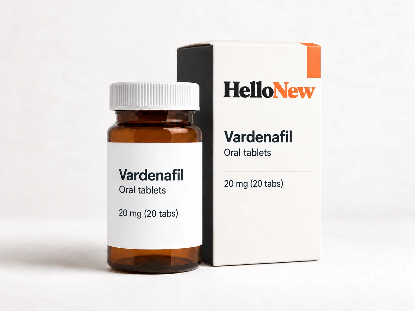 Vardenafil: HelloNew carton and unbranded oral tablets packaging illustration